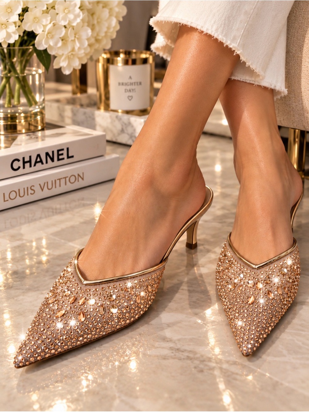 NIB Windsor Nancy 20 Rose Gold Rhinestone Pointed Toe Mule Heels Sparkly  sz 6